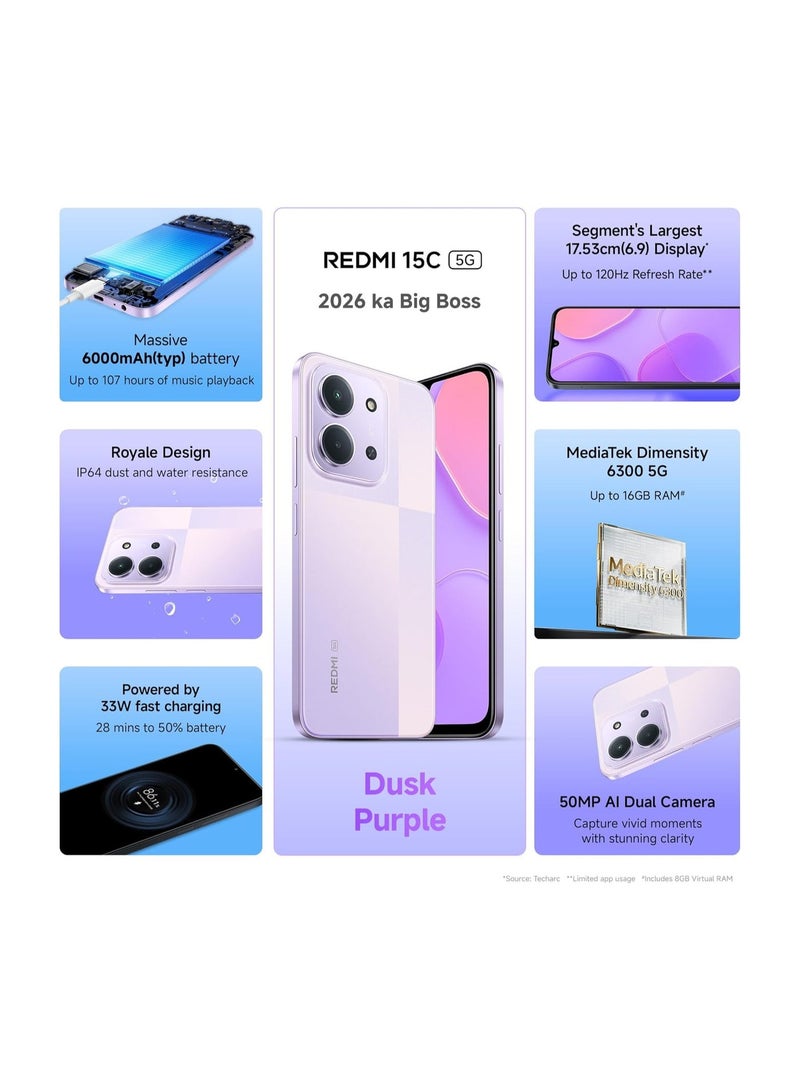 Xiaomi Redmi 15C 5G (Dusk Purple, 8GB RAM, 128GB Storage) | MediaTek Dimensity 6300 5G Processor | 6000mAh Battery with 33W Fast Charging | 50MP AI Dual Camera | 120Hz Display | With Adapter - Image 5