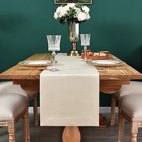 NEWISHER Farmhouse Rustic Table Runner Solid Beige Rectangular Table Runners Faux Linen Table Runner for Everyday Use Kitchen Dining Party Table 13x48 Inch - Image 3
