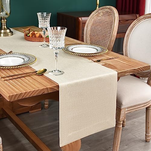 NEWISHER Farmhouse Rustic Table Runner Solid Beige Rectangular Table Runners Faux Linen Table Runner for Everyday Use Kitchen Dining Party Table 13x48 Inch - Image 1