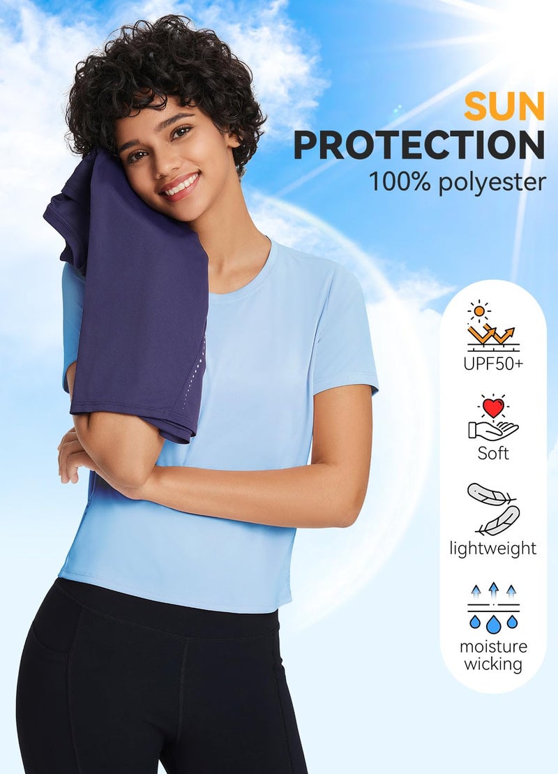baleaf Women's Athletic Sun Shirts Short Sleeve Running Tops Workout Cropped Split Back Gym UPF 50+ Quick Dry Lightweight Sun Protection Light Blue M - Image 4