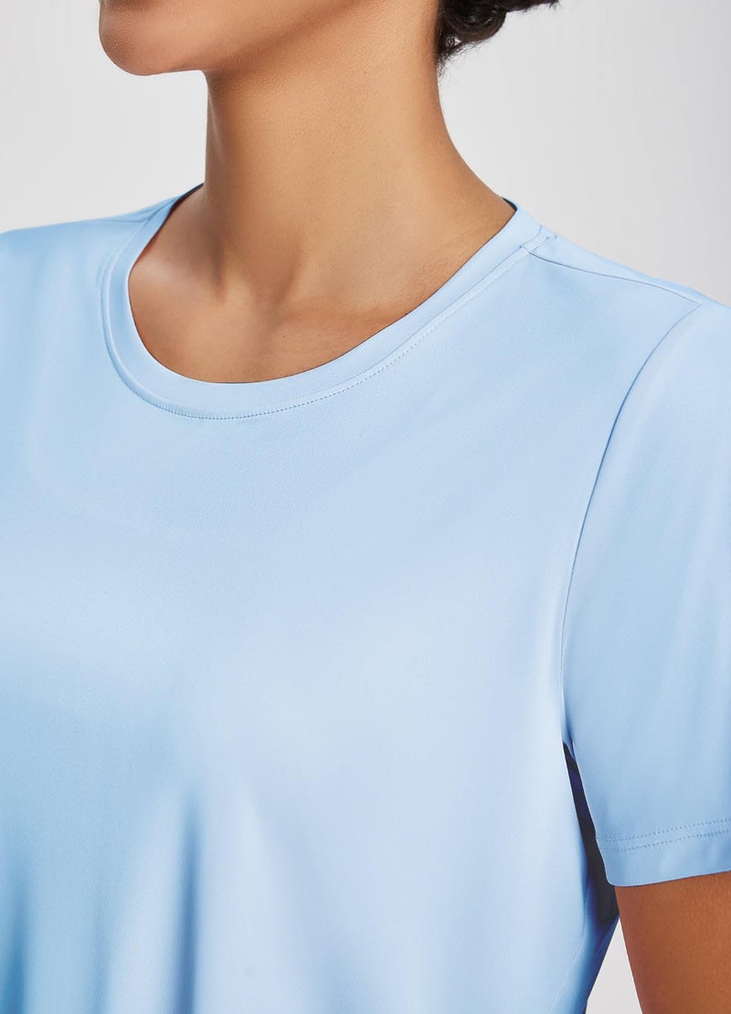 baleaf Women's Athletic Sun Shirts Short Sleeve Running Tops Workout Cropped Split Back Gym UPF 50+ Quick Dry Lightweight Sun Protection Light Blue M - Image 5