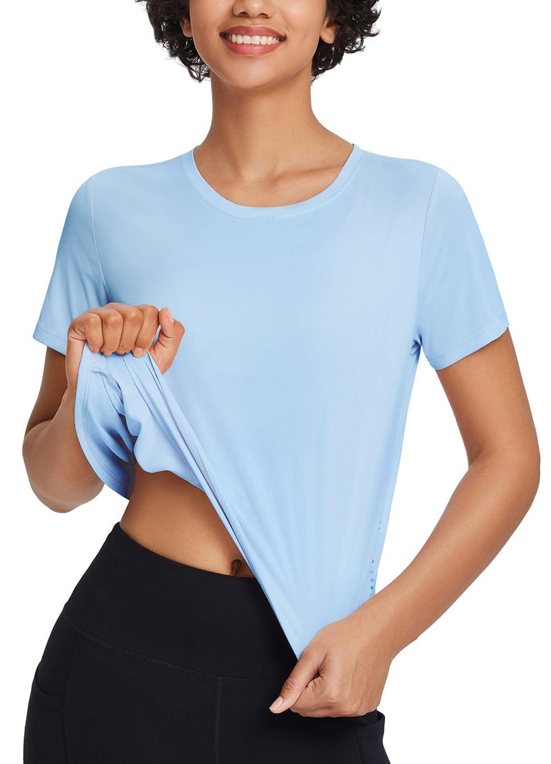 baleaf Women's Athletic Sun Shirts Short Sleeve Running Tops Workout Cropped Split Back Gym UPF 50+ Quick Dry Lightweight Sun Protection Light Blue M - Image 2
