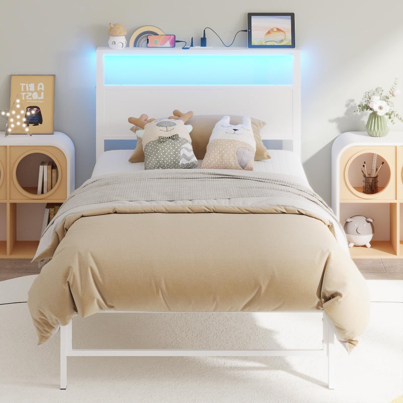 Weehom Twin Bed Frames with Headboard Shelf Storage Wood Twin Bed Frame with Charging Station and LED Lights No Box Spring Needed Twin Size Metal Bed Frame for Kids Students White