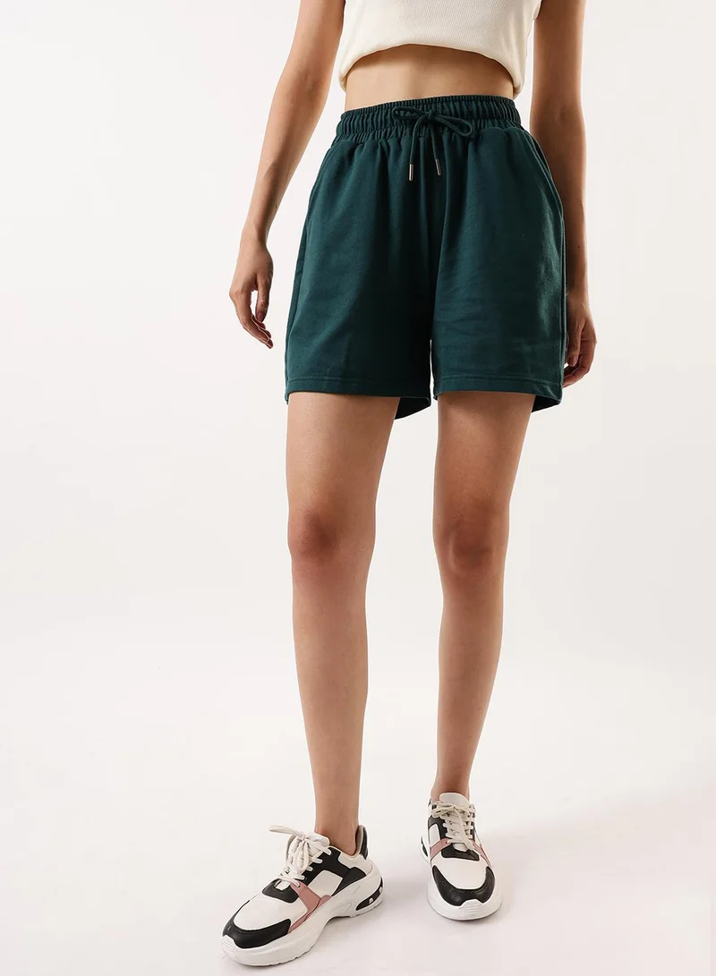 Dennis Lingo Women's Bottle Green Cotton Blend Solid Cropped Athleisure Relaxed Athleisure Shorts