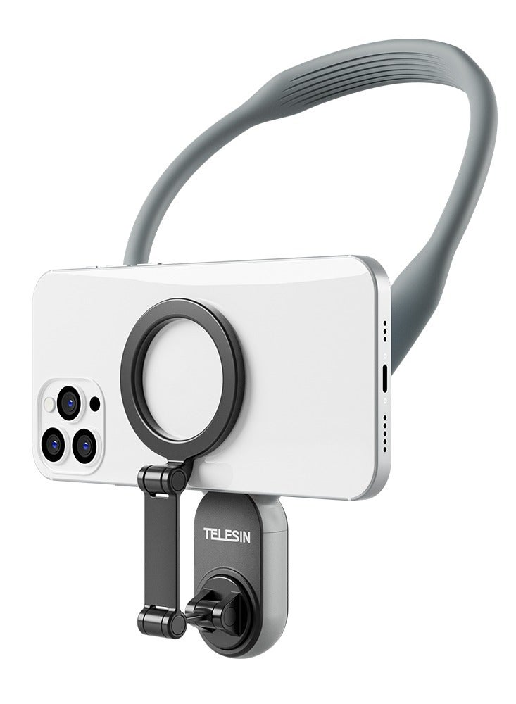 TELESIN Magnetic Neck Mount for Phones, Cell Phone Holder Stand Hanging on Neck POV/Vlog Selfie Hand Free Necklace Phone Strap Video Recording for iPhone 15 14 13 12 Series Android Phones (Grey)  - Image 1