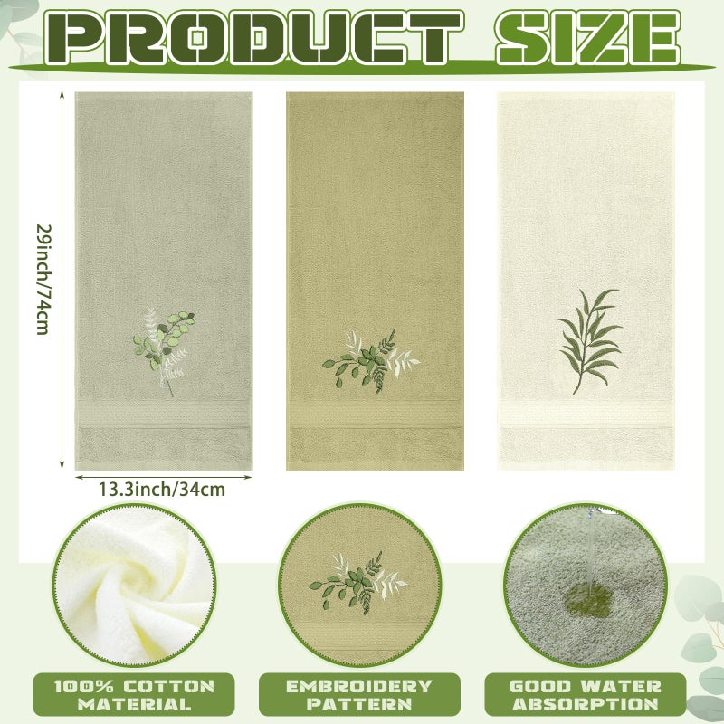 Tingjoo 3 Pcs Eucalyptus Leaves Hand Towels Farmhouse Green Bathroom Decor 14x29 Inch Embroidered Decorative Cute Spring Summer Cotton Soft Absorbent Towels for Bathroom Kitchen - Image 2