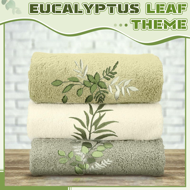 Tingjoo 3 Pcs Eucalyptus Leaves Hand Towels Farmhouse Green Bathroom Decor 14x29 Inch Embroidered Decorative Cute Spring Summer Cotton Soft Absorbent Towels for Bathroom Kitchen - Image 3