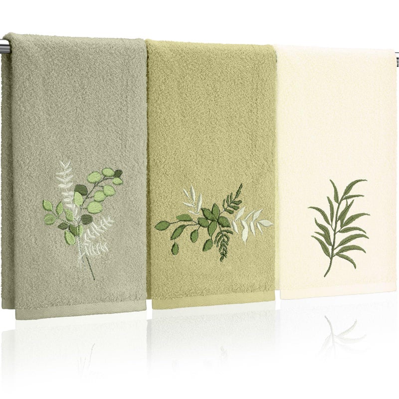 Tingjoo 3 Pcs Eucalyptus Leaves Hand Towels Farmhouse Green Bathroom Decor 14x29 Inch Embroidered Decorative Cute Spring Summer Cotton Soft Absorbent Towels for Bathroom Kitchen - Image 1