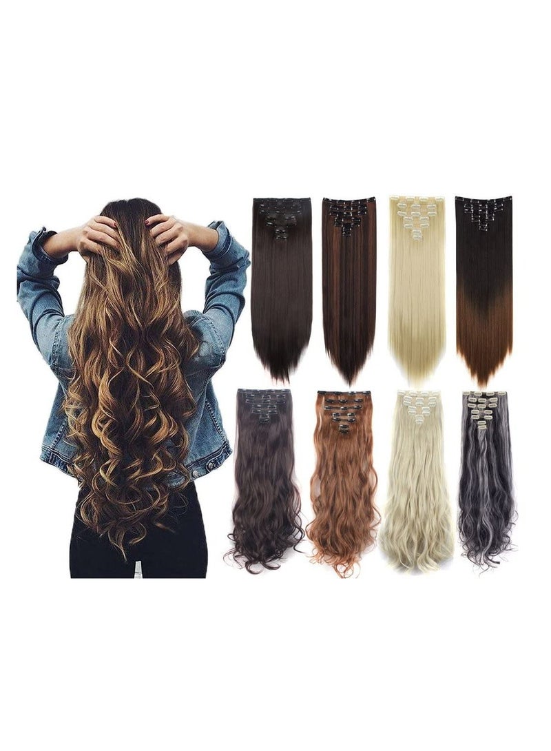 إستيل 7 قطع 16 مشابك 24 بوصة سميكة مجعد مستقيم كامل الرأس مشبك في لحمة مزدوجة وصلات شعر بني متوسط ​​مستقيم - Image 5