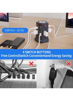 XICEN Surge Protector Power Strip Tower with 5 USB Ports and Night Light,10FT Extension Cord with 8 AC Multiple Outlets,  Power Tower Overload Protection for Home Office Living Room  - Image 5