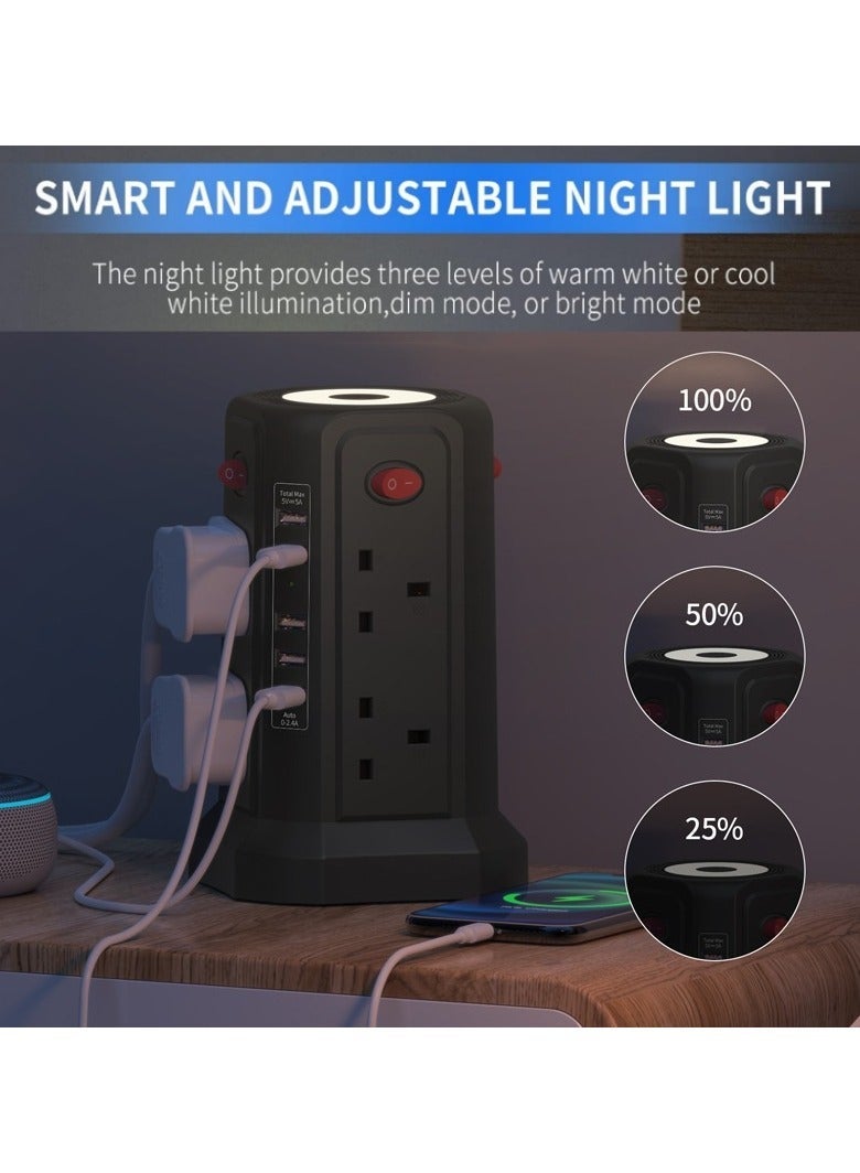 اكسيسن برج واقي من زيادة التيار الكهربائي مع 5 منافذ USB وإضاءة ليلية، سلك تمديد 10 أقدام مع 8 منافذ متعددة للتيار المتردد، برج حماية من الحمل الزائد لغرفة المعيشة في المكتب المنزلي - Image 3