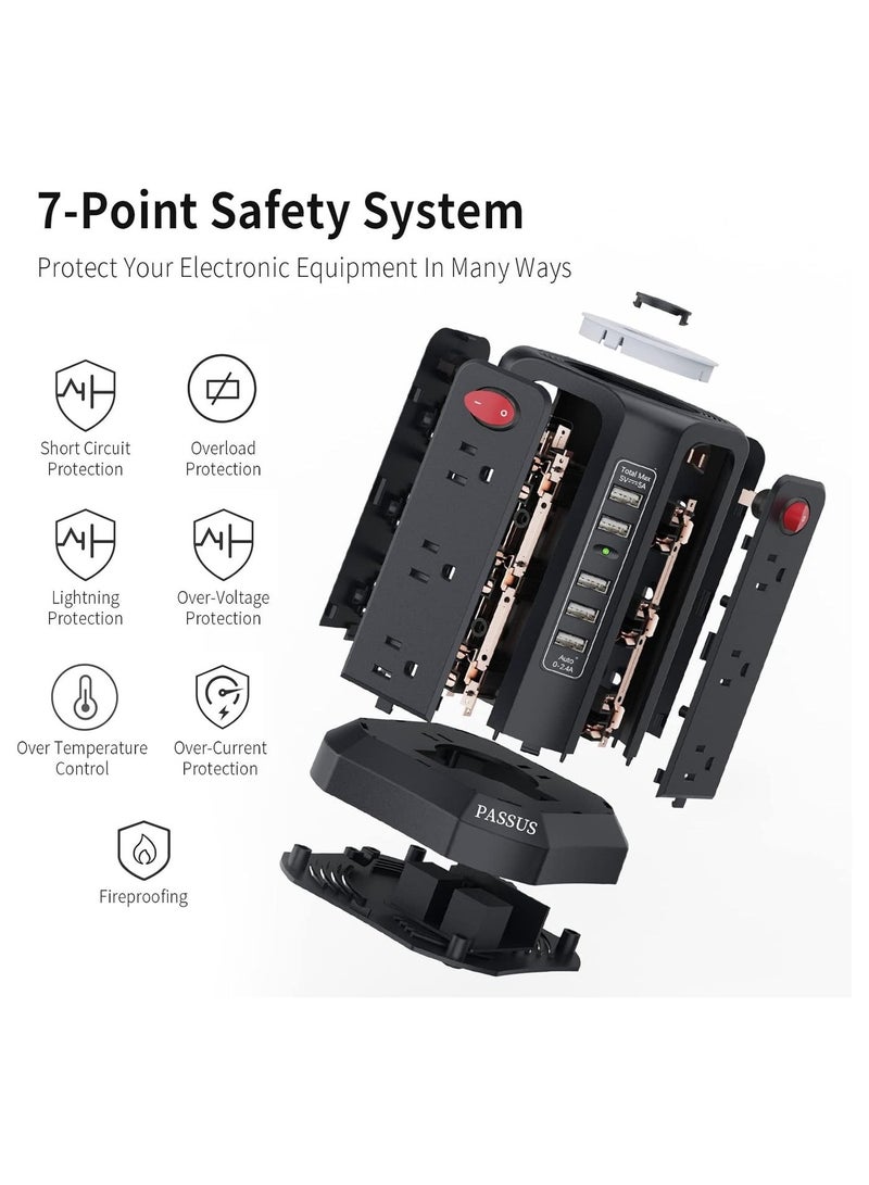 اكسيسن برج واقي من زيادة التيار الكهربائي مع 5 منافذ USB وإضاءة ليلية، سلك تمديد 10 أقدام مع 8 منافذ متعددة للتيار المتردد، برج حماية من الحمل الزائد لغرفة المعيشة في المكتب المنزلي - Image 5