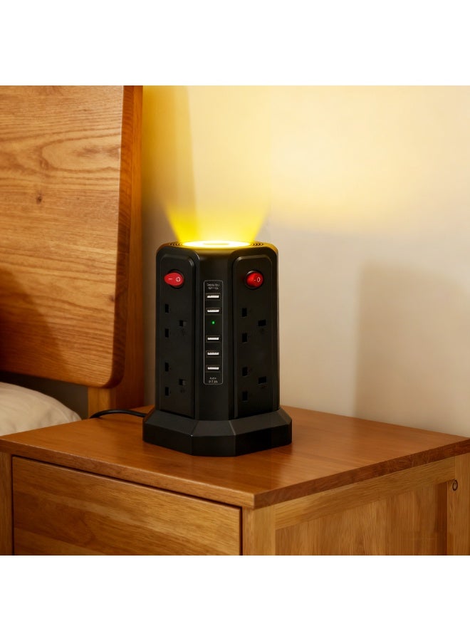 اكسيسن برج واقي من زيادة التيار الكهربائي مع 5 منافذ USB وإضاءة ليلية، سلك تمديد 10 أقدام مع 8 منافذ متعددة للتيار المتردد، برج حماية من الحمل الزائد لغرفة المعيشة في المكتب المنزلي - Image 2