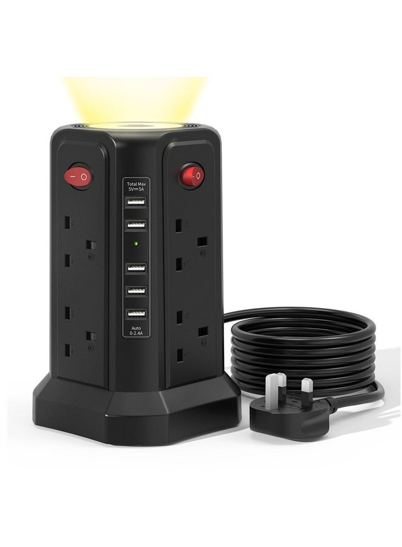 اكسيسن برج واقي من زيادة التيار الكهربائي مع 5 منافذ USB وإضاءة ليلية، سلك تمديد 10 أقدام مع 8 منافذ متعددة للتيار المتردد، برج حماية من الحمل الزائد لغرفة المعيشة في المكتب المنزلي - Image 1