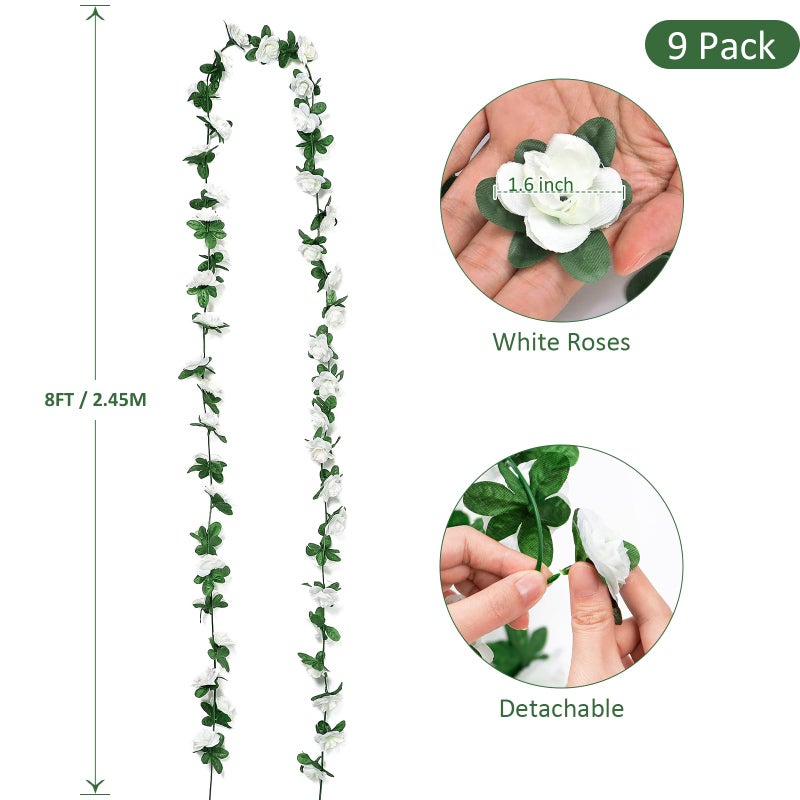 KHOYIME 9 Pack 72 FT Artificial Flower Garland, Fake White Roses Vines Silk Flowers Faux Plastic Outdoor Hanging Floral Ivy Garland Decoration for Wedding Arch Bedroom Home Wall Backdrop Room Decor - Image 3