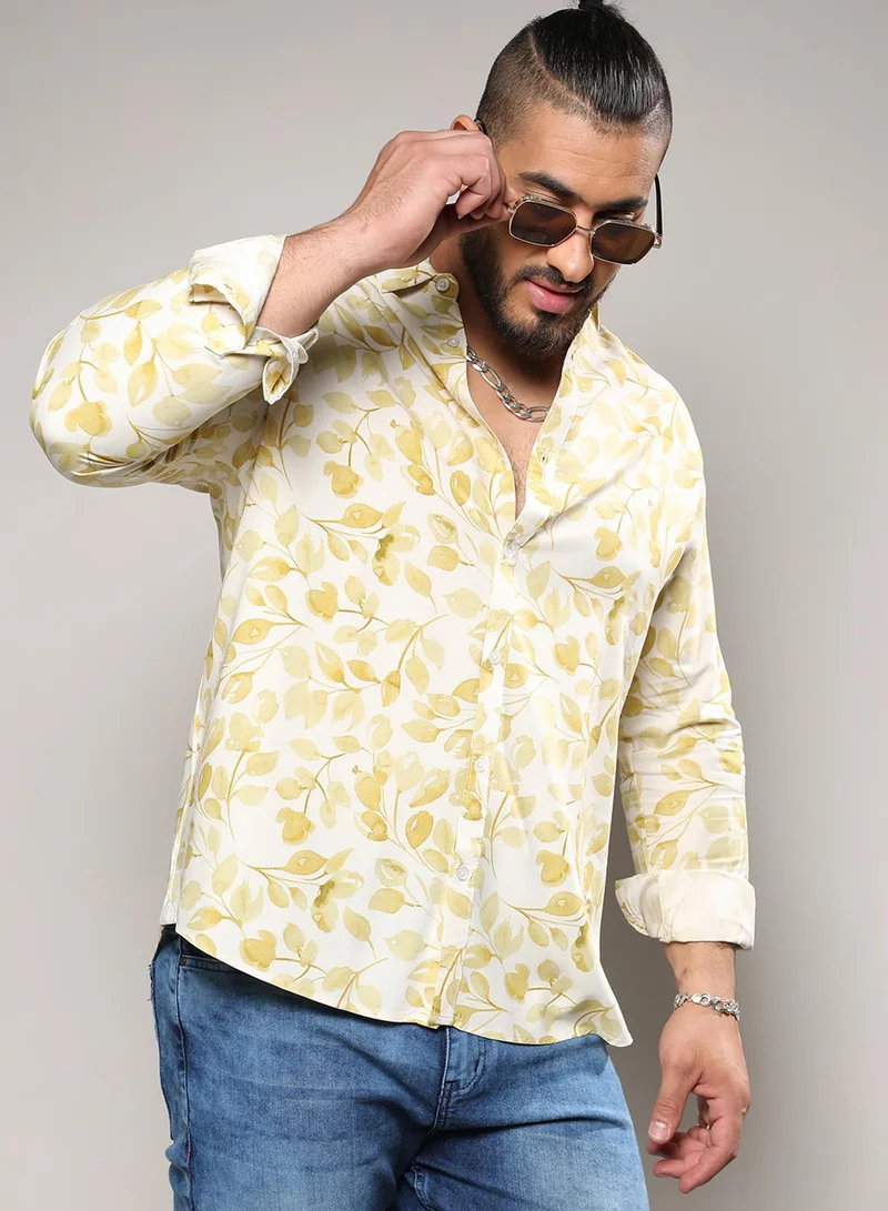 انستافاب بلس قميص رجالي مقاس كبير بطبعة أوراق شجر صفراء كاجوال بياقة عادية وأكمام عادية