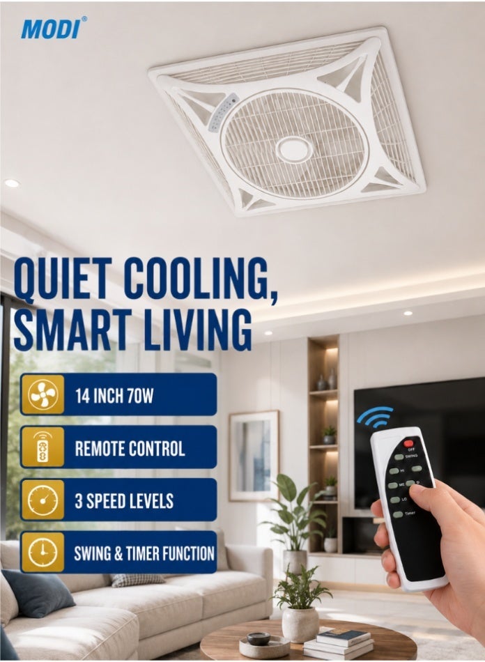 MODI 14 Inch 70W Ceiling Ventilation Fan With Remote Control, 3 Speed Levels, Swing & Timer Function, 600x600mm Flush Mount Air Circulation Fan for Living Room Bedroom, White - Image 1