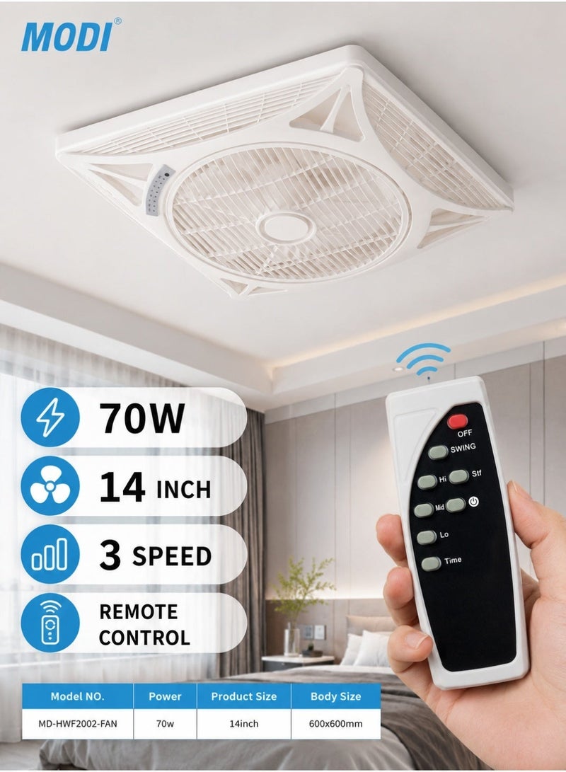 MODI 14 Inch 70W Ceiling Ventilation Fan With Remote Control, 3 Speed Levels, Swing & Timer Function, 600x600mm Flush Mount Air Circulation Fan for Living Room Bedroom, White - Image 5