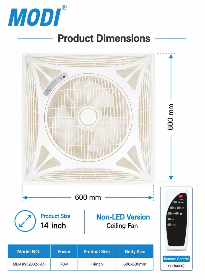 MODI 14 Inch 70W Ceiling Ventilation Fan With Remote Control, 3 Speed Levels, Swing & Timer Function, 600x600mm Flush Mount Air Circulation Fan for Living Room Bedroom, White - Image 4