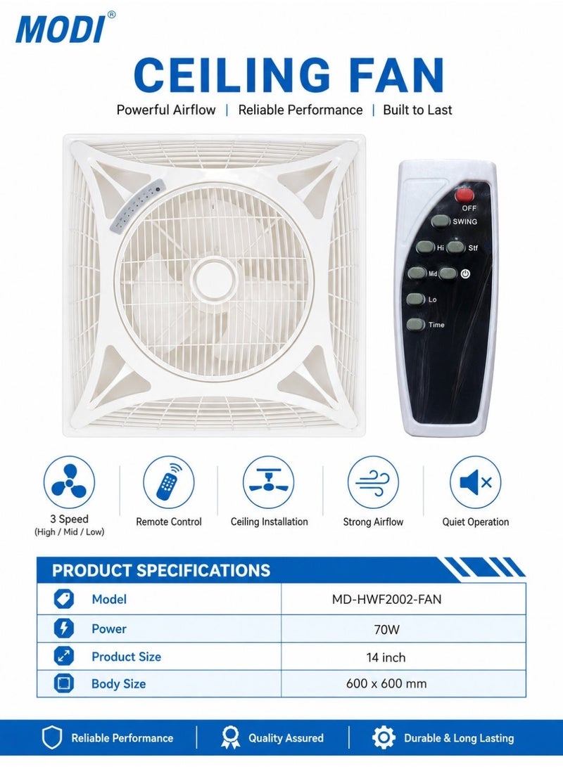 MODI 14 Inch 70W Ceiling Ventilation Fan With Remote Control, 3 Speed Levels, Swing & Timer Function, 600x600mm Flush Mount Air Circulation Fan for Living Room Bedroom, White - Image 3