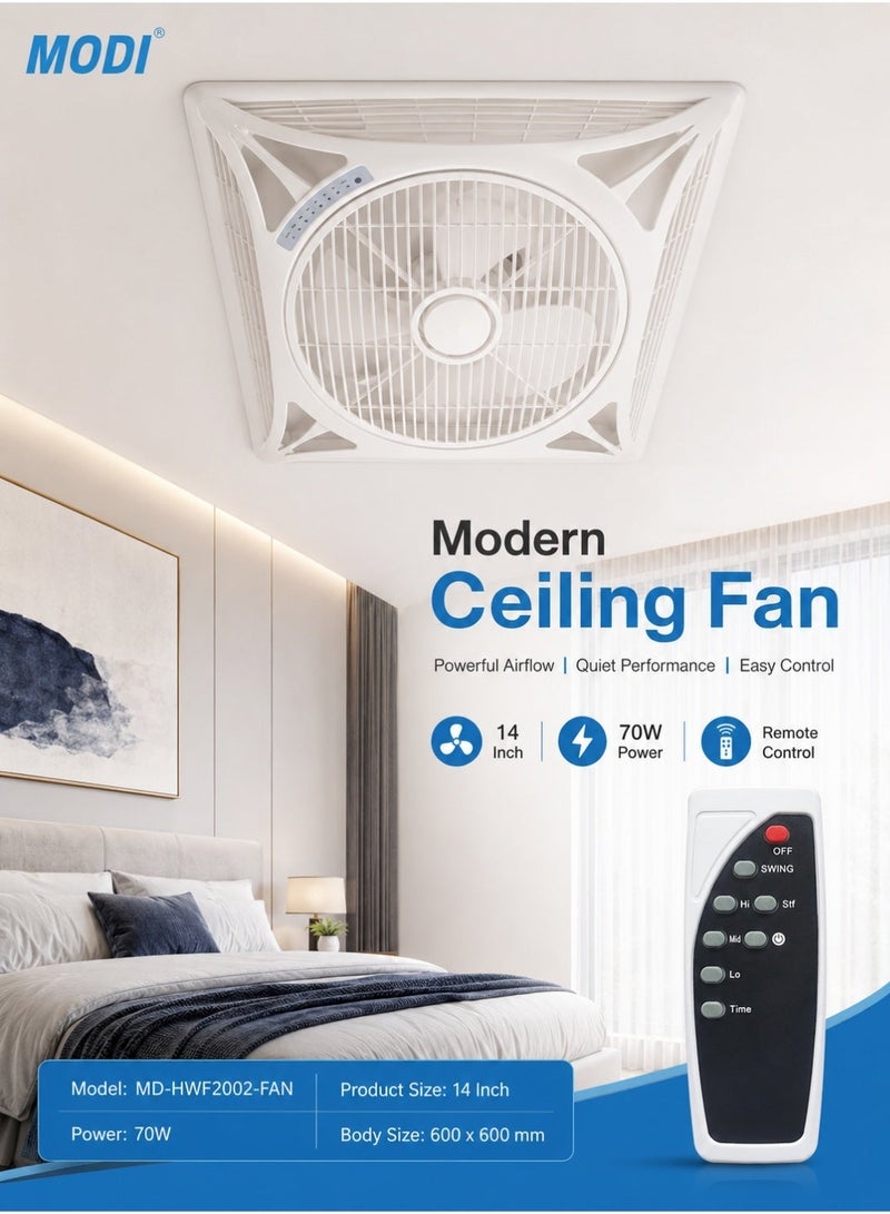 MODI 14 Inch 70W Ceiling Ventilation Fan With Remote Control, 3 Speed Levels, Swing & Timer Function, 600x600mm Flush Mount Air Circulation Fan for Living Room Bedroom, White - Image 2