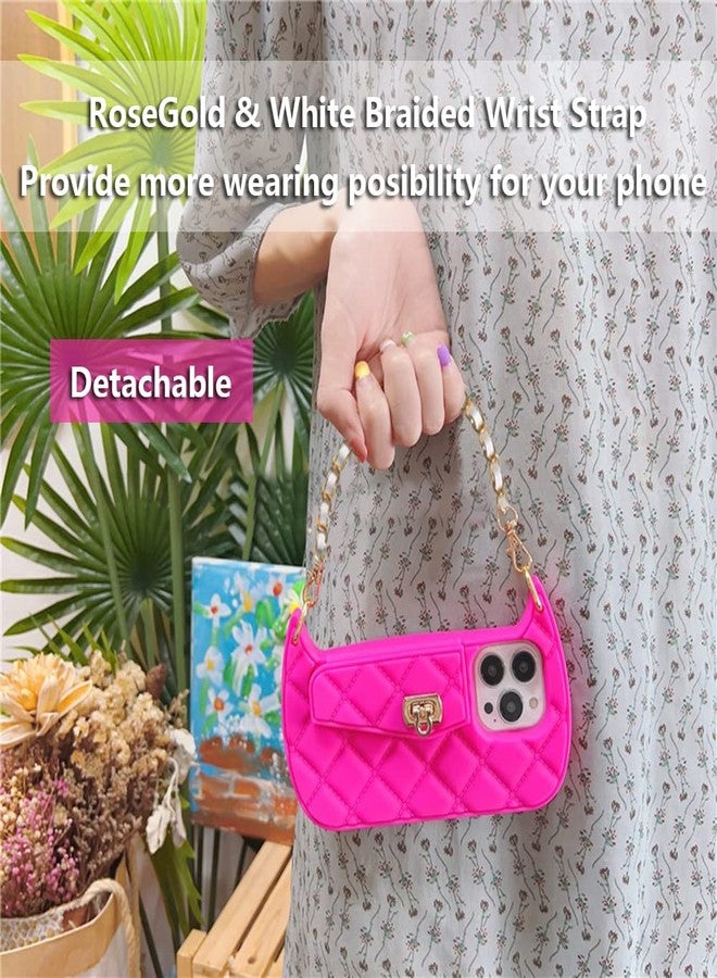 UnnFiko iPhone 14 Pro Max Wallet Case, Cute Moon-Shape Crossbody Phone Flip Card Pouch Cover With Wrist Strap, Soft Silicone Purse (Pink) - Image 4