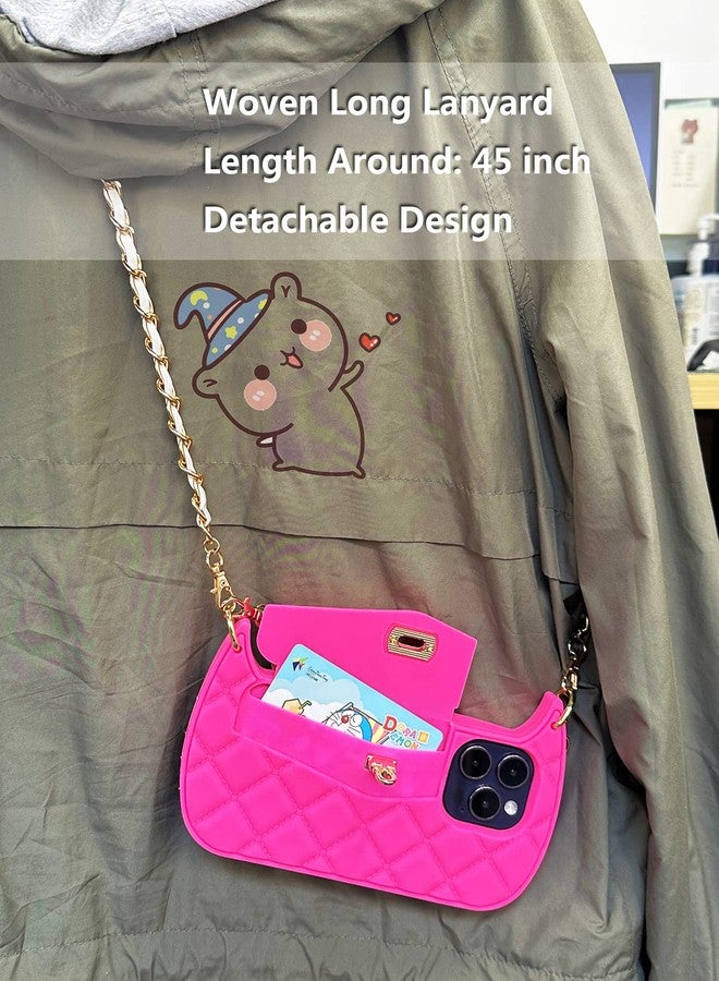 UnnFiko iPhone 14 Pro Max Wallet Case, Cute Moon-Shape Crossbody Phone Flip Card Pouch Cover With Wrist Strap, Soft Silicone Purse (Pink) - Image 3