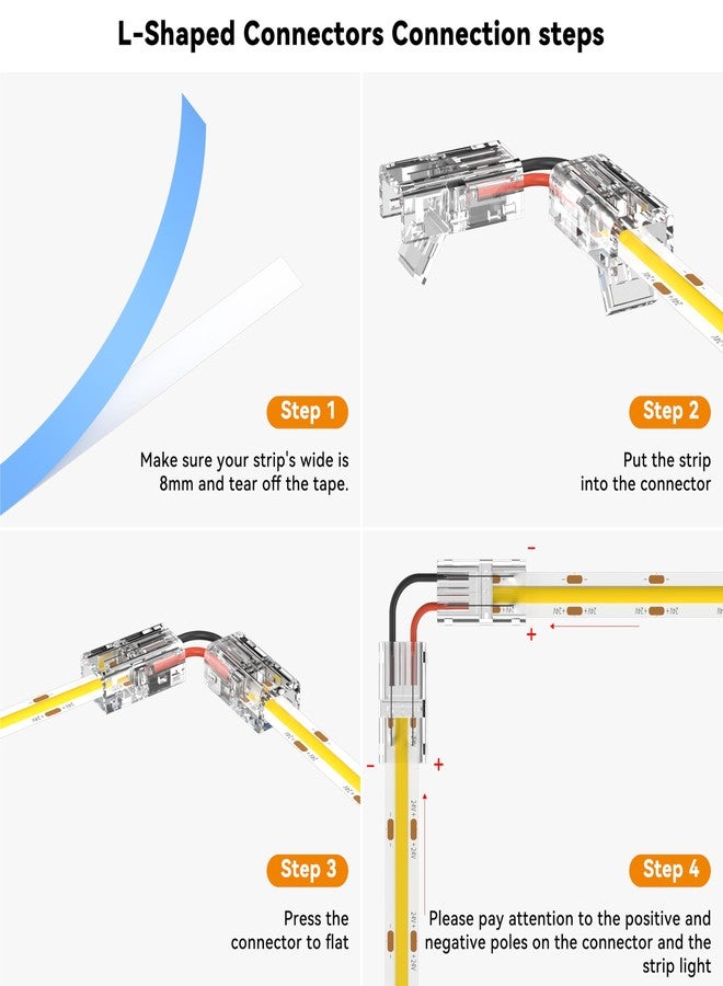 PAUTIX 8pcs 2-Pin 8mm COB LED Strip to Wire Connector Unwired Clips Solderless Adapter Terminal Extension Connection,4pcs L-Shaped Connectors for LED Strip Lights 12V 24V (Pack of 12) - Image 3