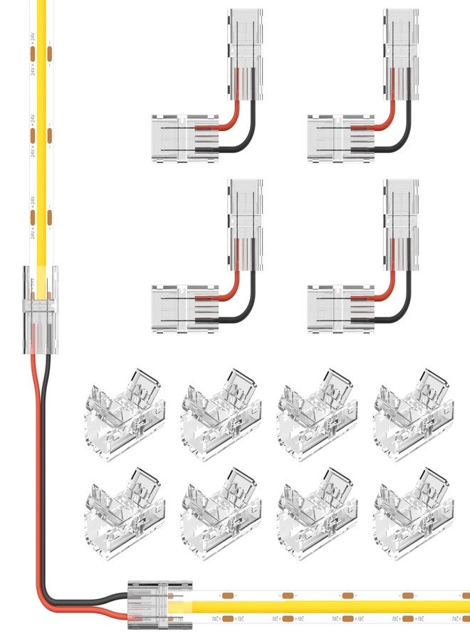 PAUTIX 8pcs 2-Pin 8mm COB LED Strip to Wire Connector Unwired Clips Solderless Adapter Terminal Extension Connection,4pcs L-Shaped Connectors for LED Strip Lights 12V 24V (Pack of 12) - Image 1