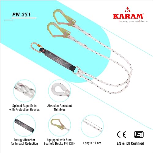 KARAM Forked Energy Absorbing Double Braided Rope Lanyard with 2 Hook| Fall Protection Safety Gear for High-Risk Work | PN351(1.8M) - Image 4