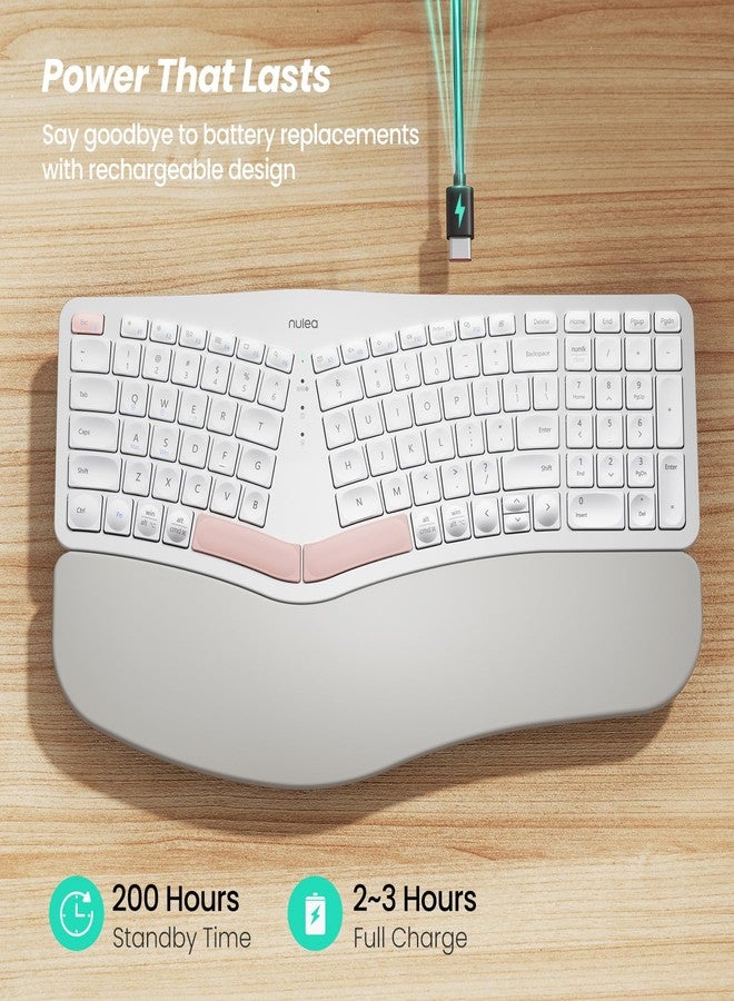Nulea Wireless Ergonomic Keyboard, Split Keyboard with Cushioned Wrist Rest, Bluetooth and USB Connectivity, USB-C Rechargeable, Compatible with Windows Mac White Pink - Image 3