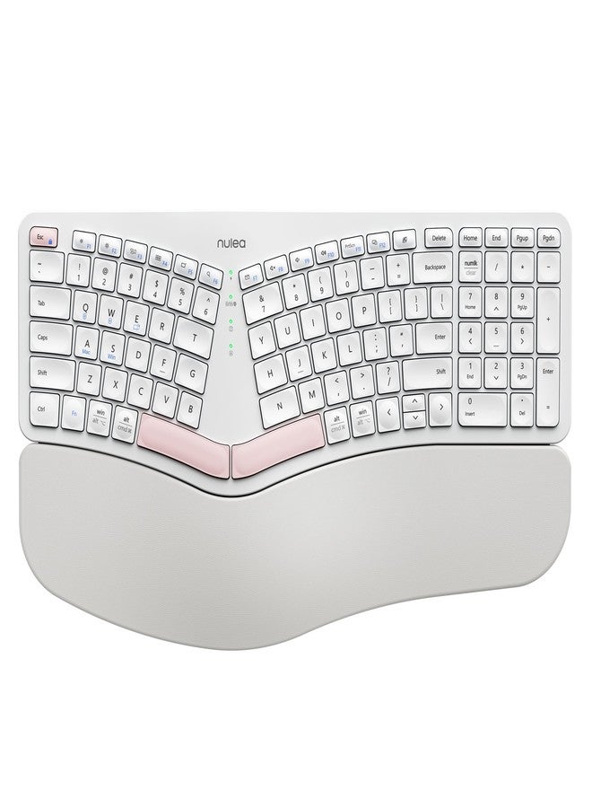 Nulea Wireless Ergonomic Keyboard, Split Keyboard with Cushioned Wrist Rest, Bluetooth and USB Connectivity, USB-C Rechargeable, Compatible with Windows Mac White Pink - Image 1