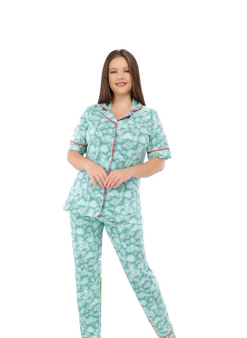 Ganna Women's short-sleeved pyjamas with buttons and summer long pants made of cotton large sizes 
