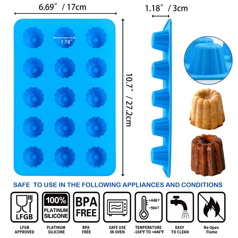 Sidosir 2Pcs Canele Mold Silicone  15-Cavity Mini Nonstick Canele Silicone Baking Cake Pan For Bread Muffin (15-Cavity) - Image 2