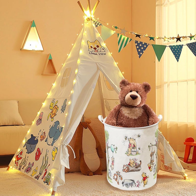 CORODER Oval Cute Bear Nursery Storage Basket With A Waterproof PE Coating, Foldable Large Canvas Laundry Hamper, Barrel Shaped Decorative Storage Baskets Suitable For Bathroom and Bedroom (White) - Image 2