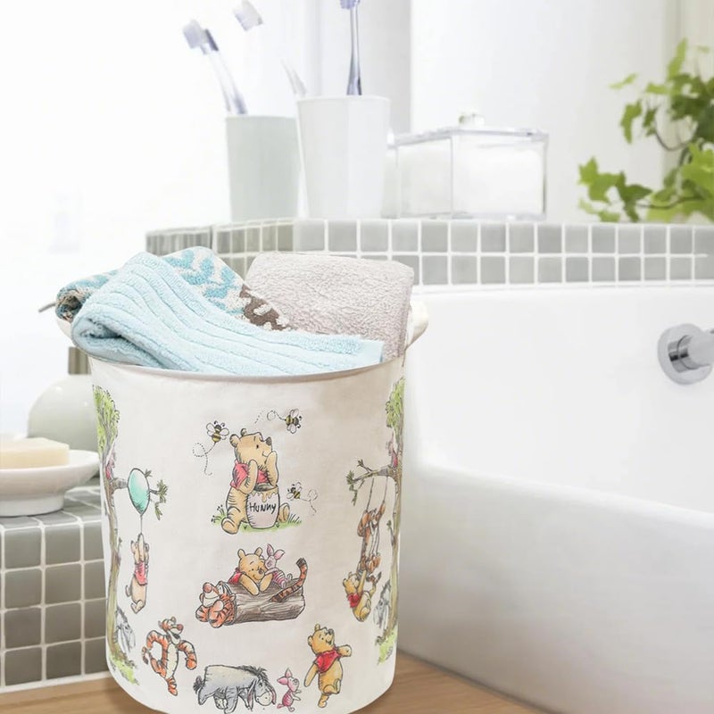 CORODER Oval Cute Bear Nursery Storage Basket With A Waterproof PE Coating, Foldable Large Canvas Laundry Hamper, Barrel Shaped Decorative Storage Baskets Suitable For Bathroom and Bedroom (White) - Image 3