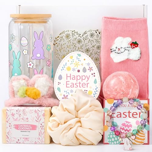 LUICONMO Easter Gifts for Teen Girls Women, Easter Baskets Stuffers for Teens Adults, Self Care Spa Gift Basket Spring Gifts Set Box with Bunny Theme Glass Cup - Brighten up Her Day! - Image 1