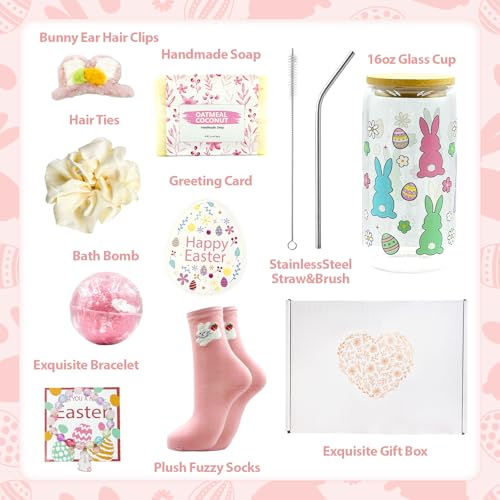LUICONMO Easter Gifts for Teen Girls Women, Easter Baskets Stuffers for Teens Adults, Self Care Spa Gift Basket Spring Gifts Set Box with Bunny Theme Glass Cup - Brighten up Her Day! - Image 3
