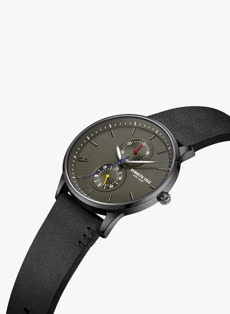 Kenneth Cole New York 42mm Multifunction Men's Watch with Black Genuine Leather Strap &amp; Grey Dial