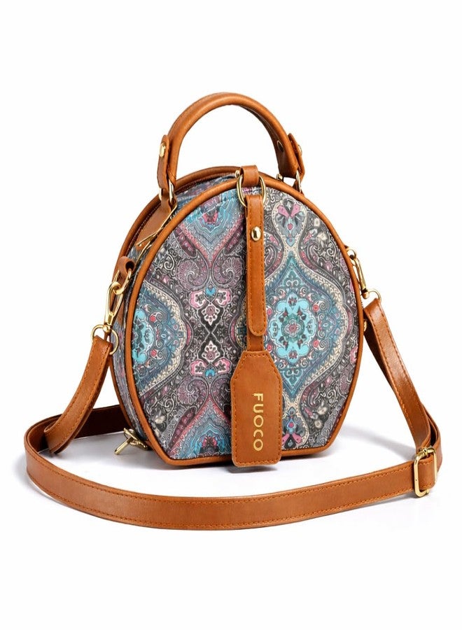 FUOCO Round Sling Bag for Women | Premium Canvas & Vegan Leather Crossbody Purse | Stylish Mini Shoulder Handbag with Adjustable Strap for Daily Use, Travel & Casual Outings - Image 1