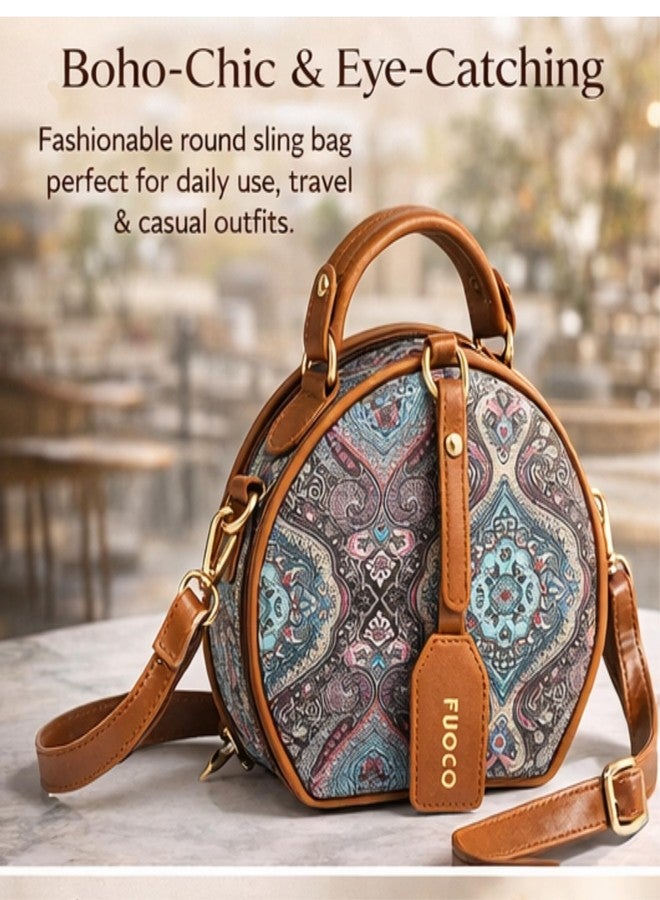 FUOCO Round Sling Bag for Women | Premium Canvas & Vegan Leather Crossbody Purse | Stylish Mini Shoulder Handbag with Adjustable Strap for Daily Use, Travel & Casual Outings - Image 5