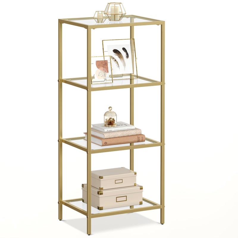 VASAGLE Bookcase 4Tier Bookshelf Slim Shelving Unit for Bedroom Bathroom Home Office Tempered Glass Steel Frame Metallic Gold ULGT28G