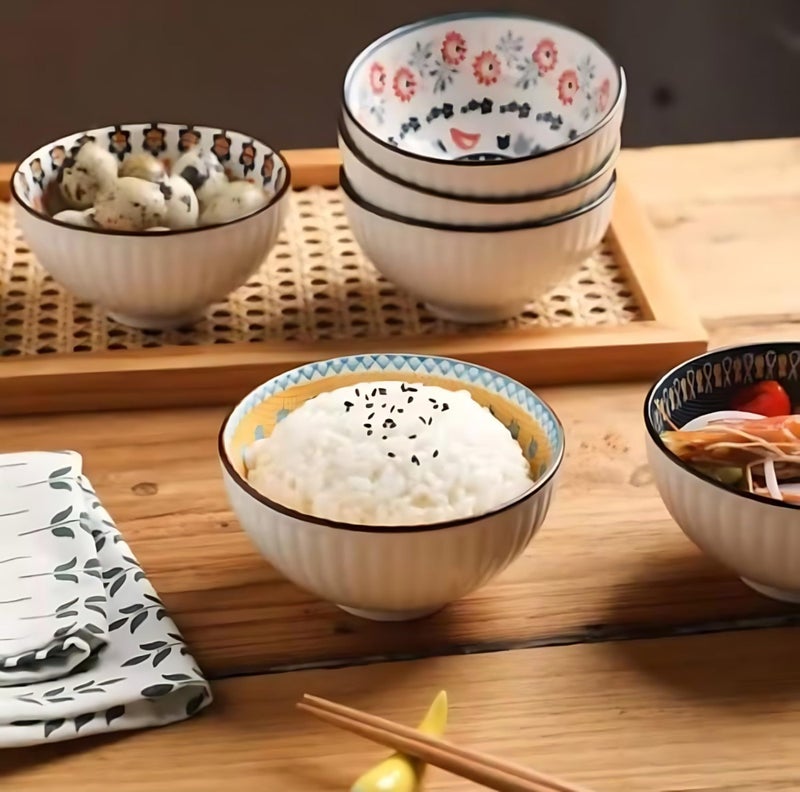 VELINEX® Ceramic Bowls, Japanese Style Breakfast Multipurpose Serving Porcelain Bowls Set for Maggi-Noodles, Rice, Dal, Soup, Fruits, Salad Cereal for Kitchen Gift Set (Multicolor, Pack of 4) - Image 5
