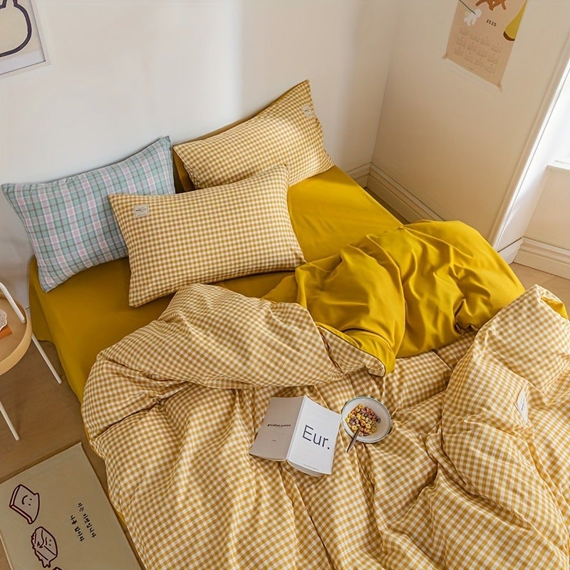 2/3pcs Modern Fashion Duvet Cover Set(1/2pc*Pillowcases,1*Duvet Cover,No Core)Microfiber Yellow and White Grid Pattern Bedding Set Ultra Soft,Comfortable,Breathable Bedding for All Seasons Perfect for a Cozy and Inviting Bedroom,Dormitory Ideal Gift - Image 4