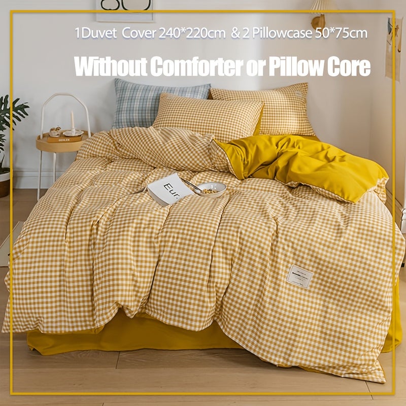 2/3pcs Modern Fashion Duvet Cover Set(1/2pc*Pillowcases,1*Duvet Cover,No Core)Microfiber Yellow and White Grid Pattern Bedding Set Ultra Soft,Comfortable,Breathable Bedding for All Seasons Perfect for a Cozy and Inviting Bedroom,Dormitory Ideal Gift - Image 1