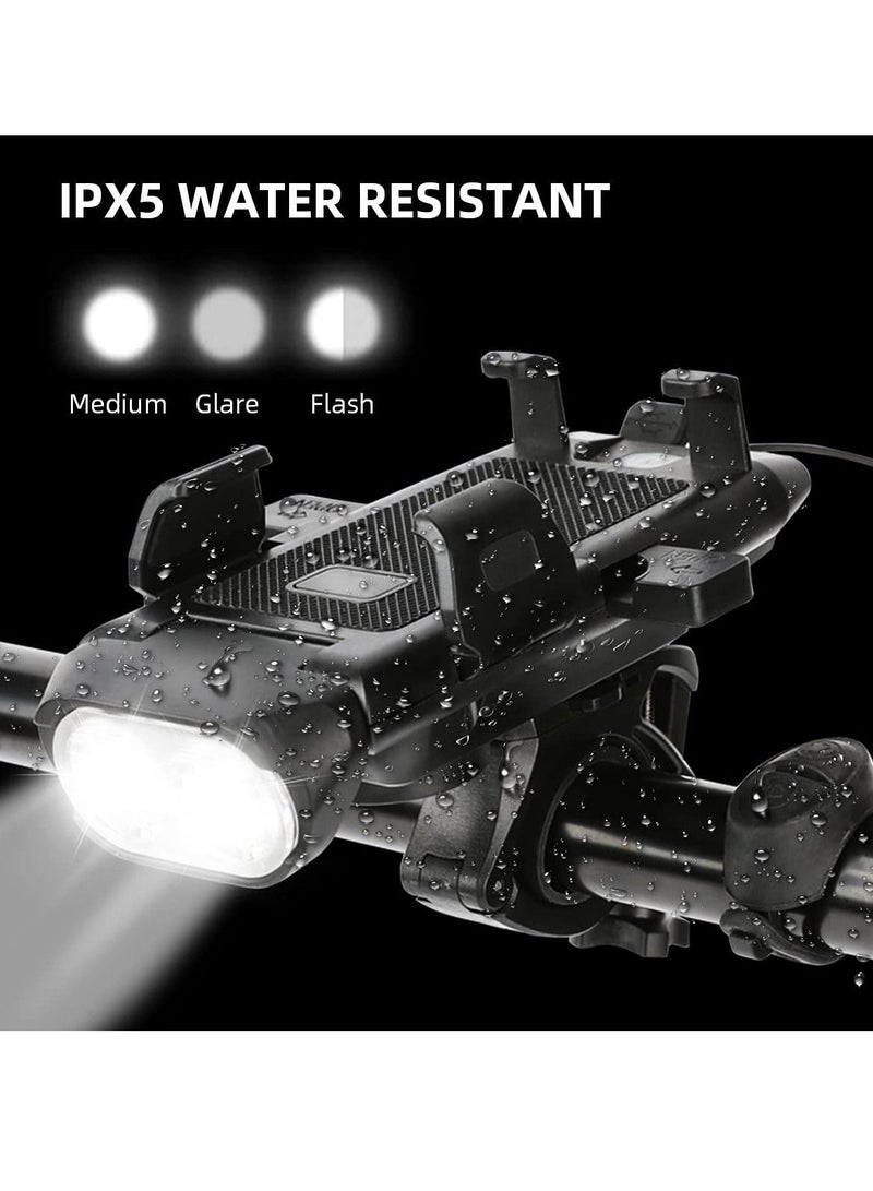 Multifunctional Bicycle Headlight Power Bank/LED Light/Mobile Phone Holder/Speaker IPX5 Waterproof Suitable for Riding Mountain Bike at Night Black