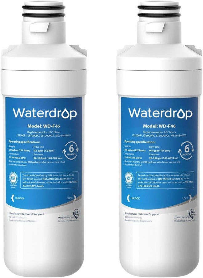 ووتر دروب فلتر مياه ثلاجة Waterdrop LT1000PC ADQ747935 MDJ64844601، بديل لفلتر LG® LT1000P®، ADQ74793501، ADQ74793502، وفلتر Kenmore 46-9980، 9980، عبوة من قطعتين - Image 1