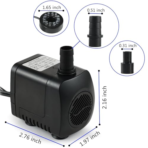 TOPBRY 220 GPH Submersible Water Pump(800L/H, 15W),Ultra Quiet 12 LED Colorful Pump Lights with 2 Nozzles,6 Feet Power Cord for Fish Tank, Pond, Aquarium, Statuary, Hydroponics - Image 4