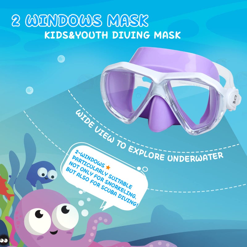 EXP VISION Kids Scuba Diving Mask, 180° Anti-fog Child Swim Mask Tempered Glass Swim Goggles with Nose Cover Silicone Seal Snorkel Mask Gear for Swimming Diving Snorkeling for Kids 4-14 Boys Girls Youth (Purple) - Image 3