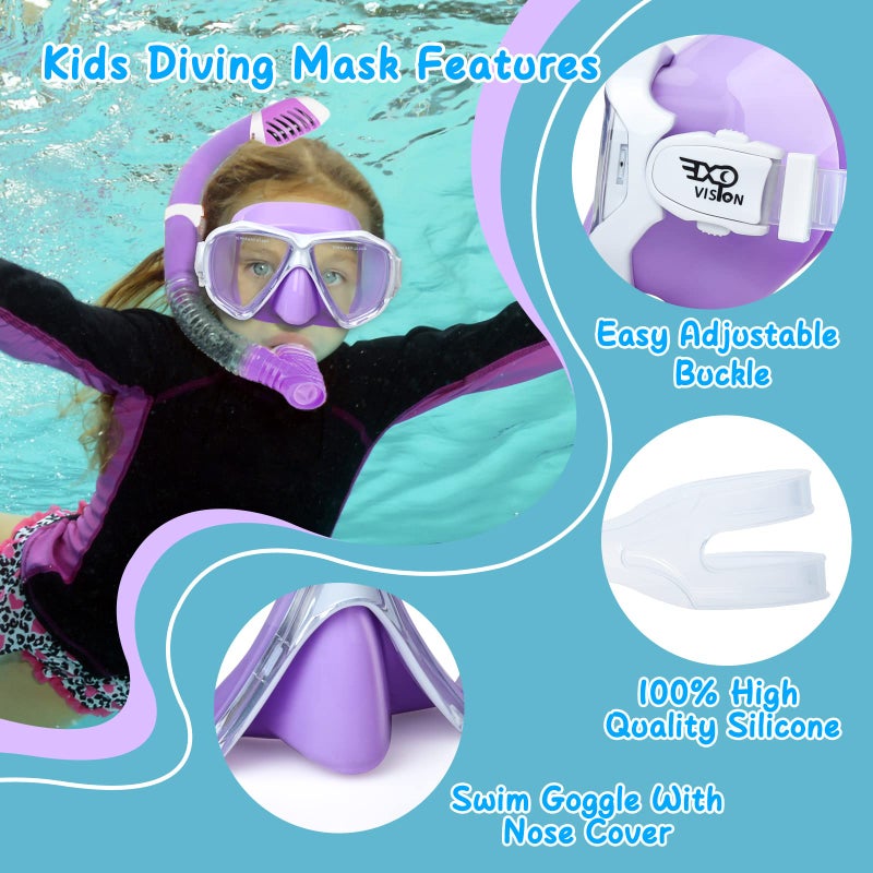 EXP VISION Kids Scuba Diving Mask, 180° Anti-fog Child Swim Mask Tempered Glass Swim Goggles with Nose Cover Silicone Seal Snorkel Mask Gear for Swimming Diving Snorkeling for Kids 4-14 Boys Girls Youth (Purple) - Image 4